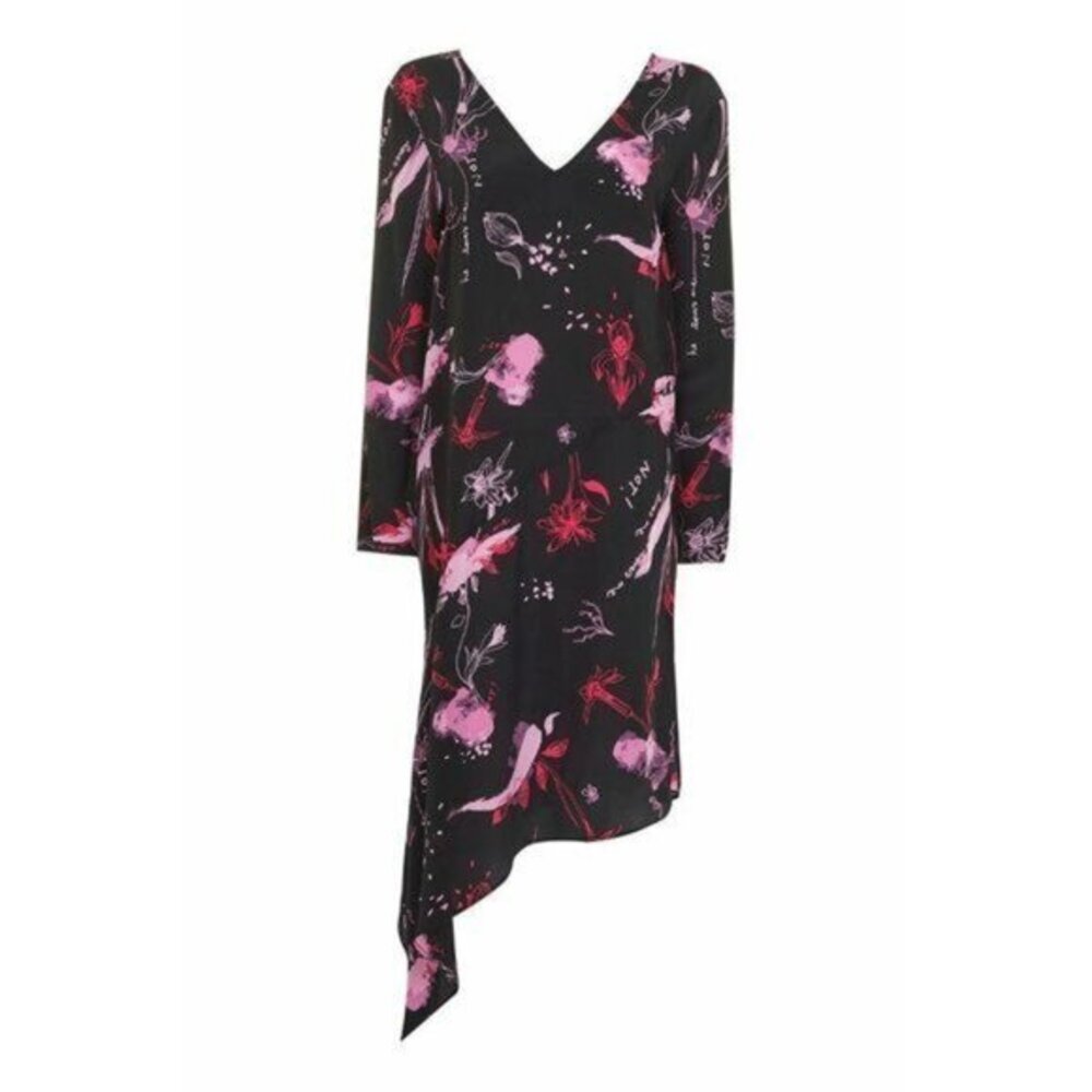 TOPSHOP 100% Silk Midi Dress Asymmetrical Hem Floral Black Pink Sz 2 NEW